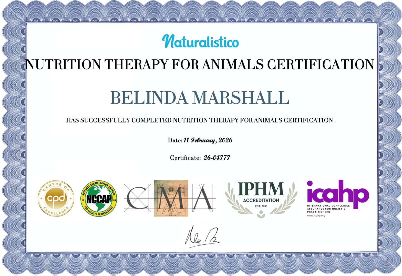 Nutrition Therapy for Animals Certification — Belinda Marshall